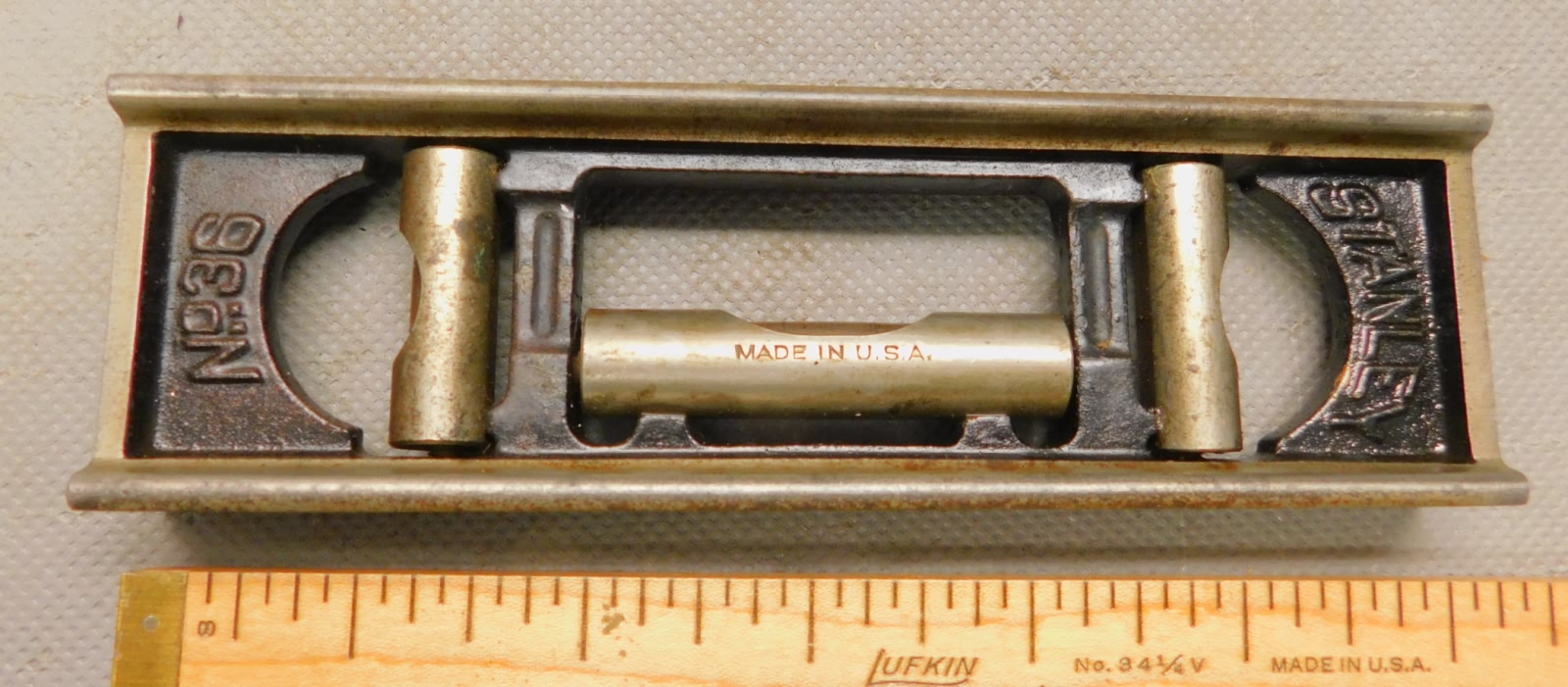 Stanley No. 36G cast iron level with brass vial covers - Ruby Lane